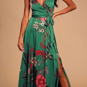 Lulu’s Still the One Green Floral Maxi Silk Dress